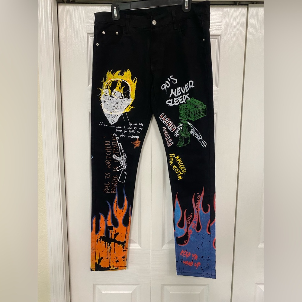 SoSoo Mens jeans 90s Never Sleep slim straight black Devil's punks Jeans 34x32